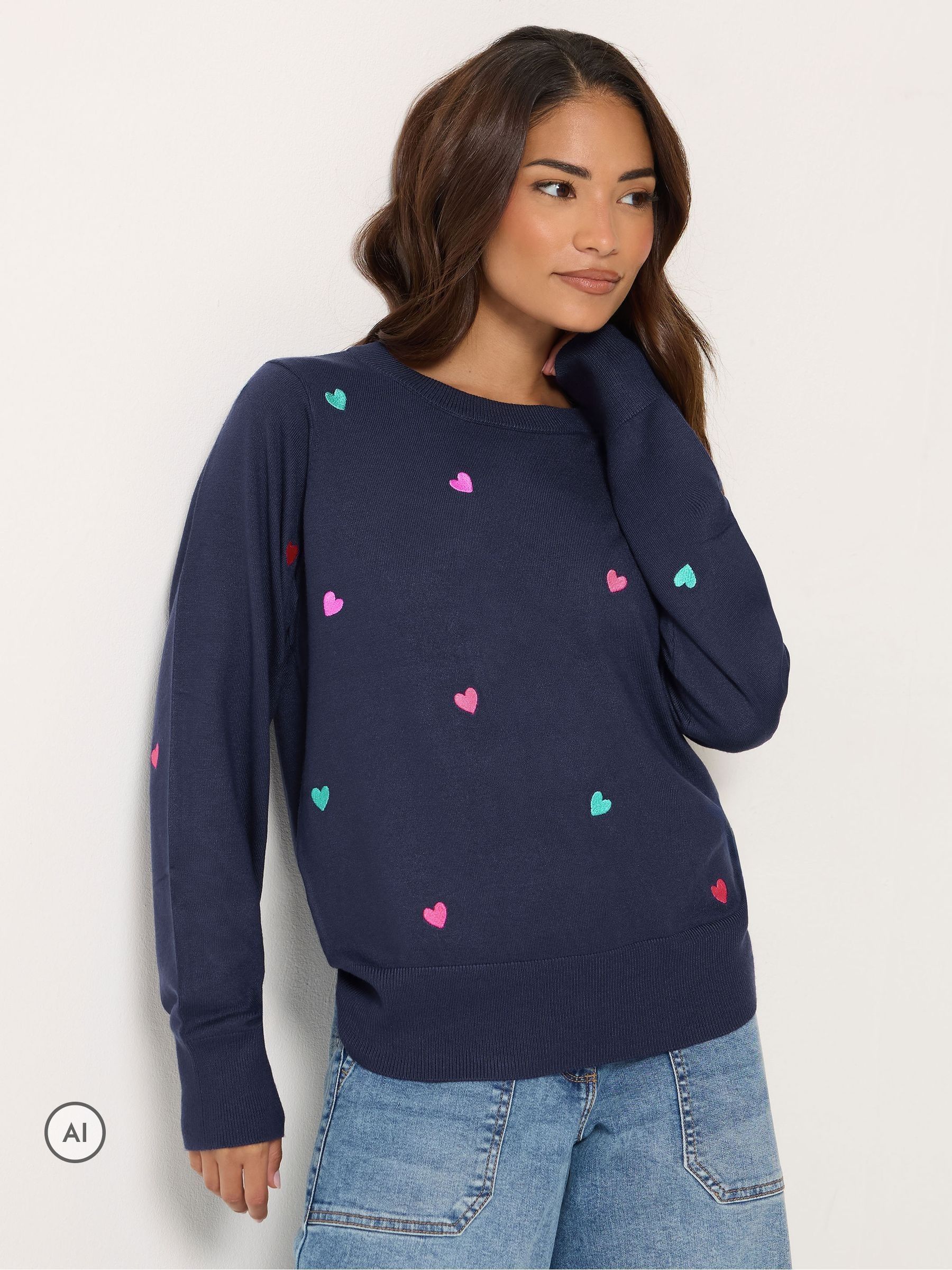 M & Co Women's Blue Petite Heart Embroidered Jumper