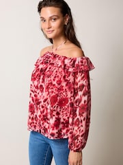 Red/White Floral Corsage Halter Neck Long Sleeve Top - Image 1 of 6