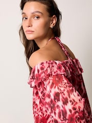 Red/White Floral Corsage Halter Neck Long Sleeve Top - Image 2 of 6
