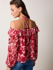 Red/White Floral Corsage Halter Neck Long Sleeve Top - Image 3 of 6
