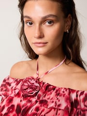Red/White Floral Corsage Halter Neck Long Sleeve Top - Image 4 of 6