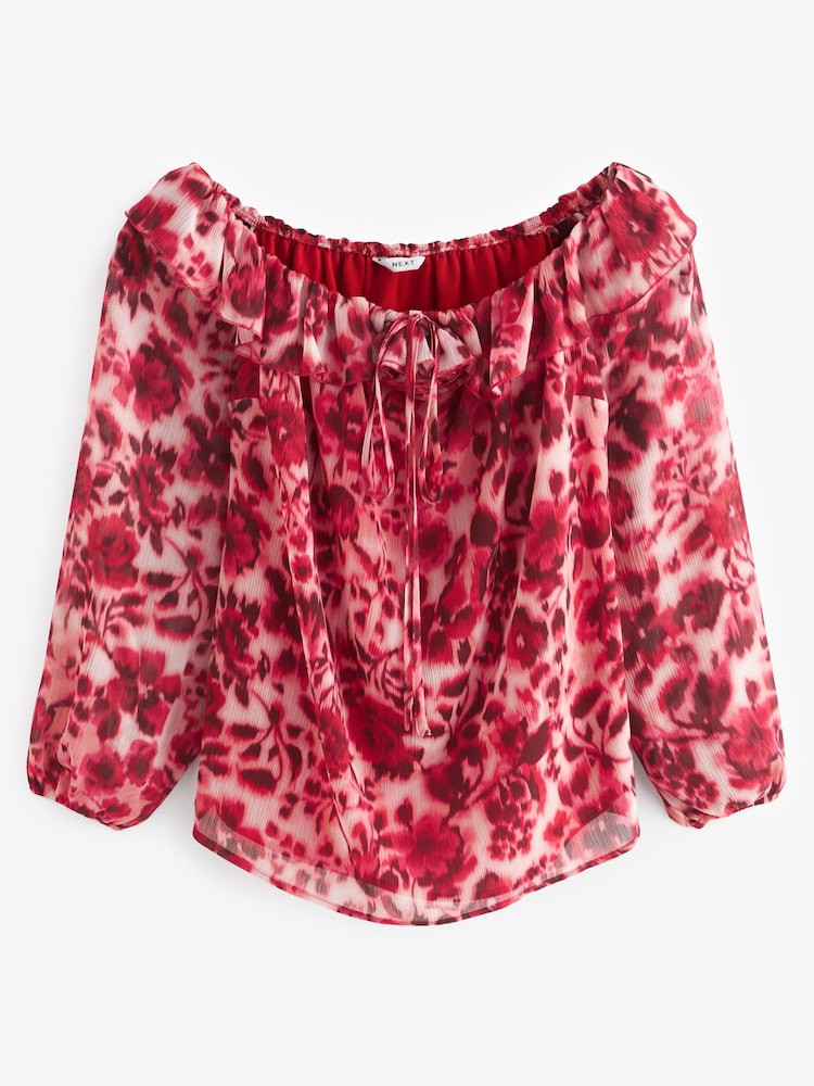 Red/White Floral Corsage Halter Neck Long Sleeve Top - Image 5 of 6