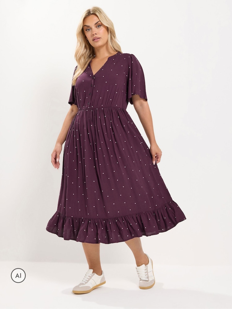Yours Curve Red Polka Dot Half Placket Dress - Image 1 of 6
