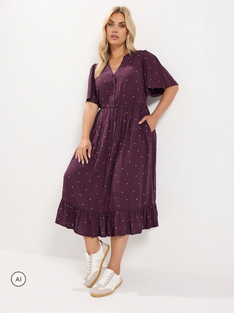 Yours Curve Red Polka Dot Half Placket Dress - Image 2 of 6