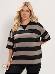 Yours Curve Brown Stripe Heavyweight T-Shirt - Image 1 of 6