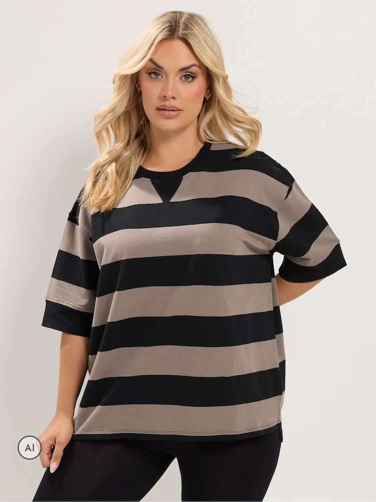 Yours Curve Brown Stripe Heavyweight T-Shirt - Image 1 of 6 Yours Curve Brown Stripe Heavyweight T-Shirt - Image 1 of 6