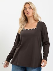 Yours Curve Brown Square Neck Pearl Trim Long T-Shirt - Image 1 of 6