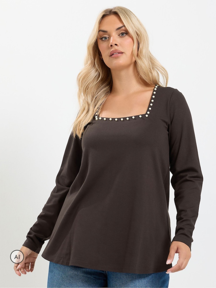 Yours Curve Brown Square Neck Pearl Trim Long T-Shirt - Image 1 of 6 Yours Curve Brown Square Neck Pearl Trim Long T-Shirt - Image 1 of 6