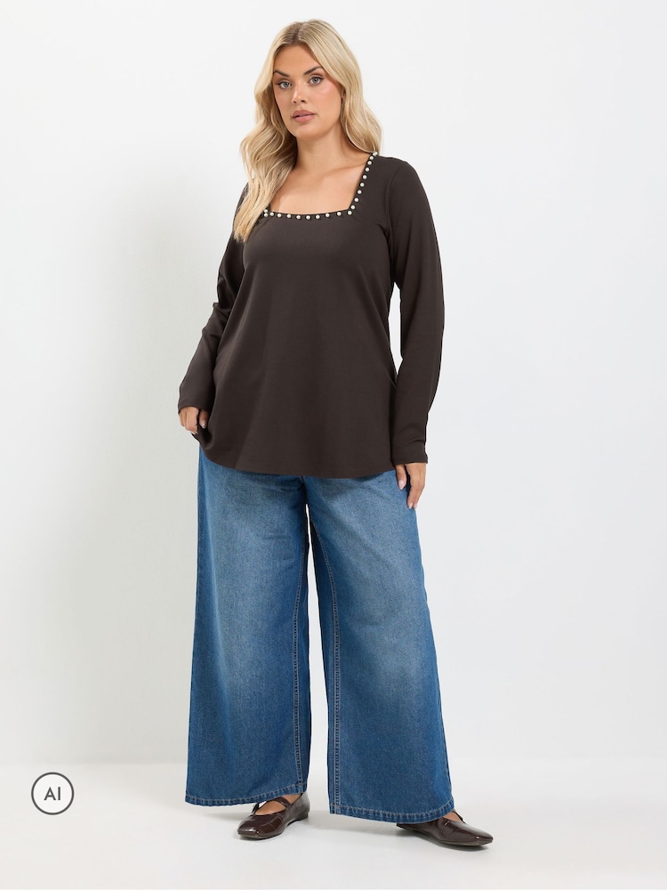 Yours Curve Brown Square Neck Pearl Trim Long T-Shirt - Image 2 of 6 Yours Curve Brown Square Neck Pearl Trim Long T-Shirt - Image 2 of 6