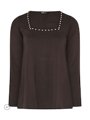 Yours Curve Brown Square Neck Pearl Trim Long T-Shirt - Image 5 of 6