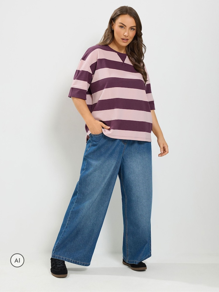 Yours Curve Purple Stripe Heavyweight T-Shirt - Image 2 of 7 Yours Curve Purple Stripe Heavyweight T-Shirt - Image 2 of 7