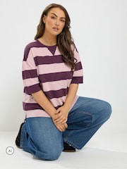 Yours Curve Purple Stripe Heavyweight T-Shirt - Image 4 of 7