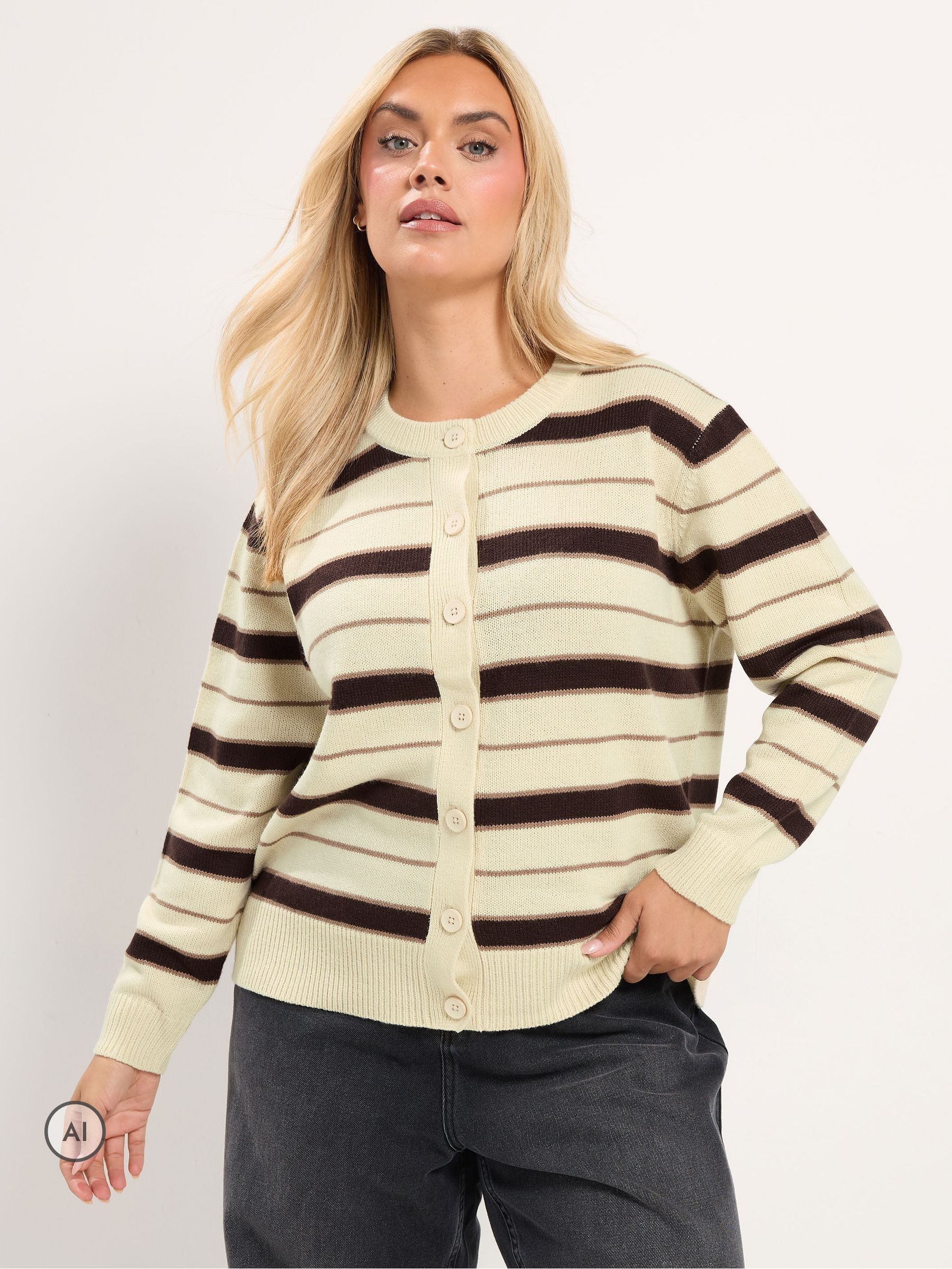 Yours Curve Women's Natural Stripe Crew Neck Cardigan - Image 1