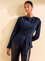 Friends Like These X Mollie King Navy Satin Cowl Neck Shoulder Pad Blouse - Image 1 of 5