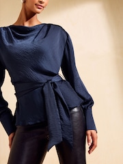 Friends Like These X Mollie King Navy Satin Cowl Neck Shoulder Pad Blouse - Image 2 of 5