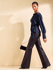 Friends Like These X Mollie King Navy Satin Cowl Neck Shoulder Pad Blouse - Image 3 of 5
