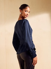Friends Like These X Mollie King Navy Satin Cowl Neck Shoulder Pad Blouse - Image 4 of 5