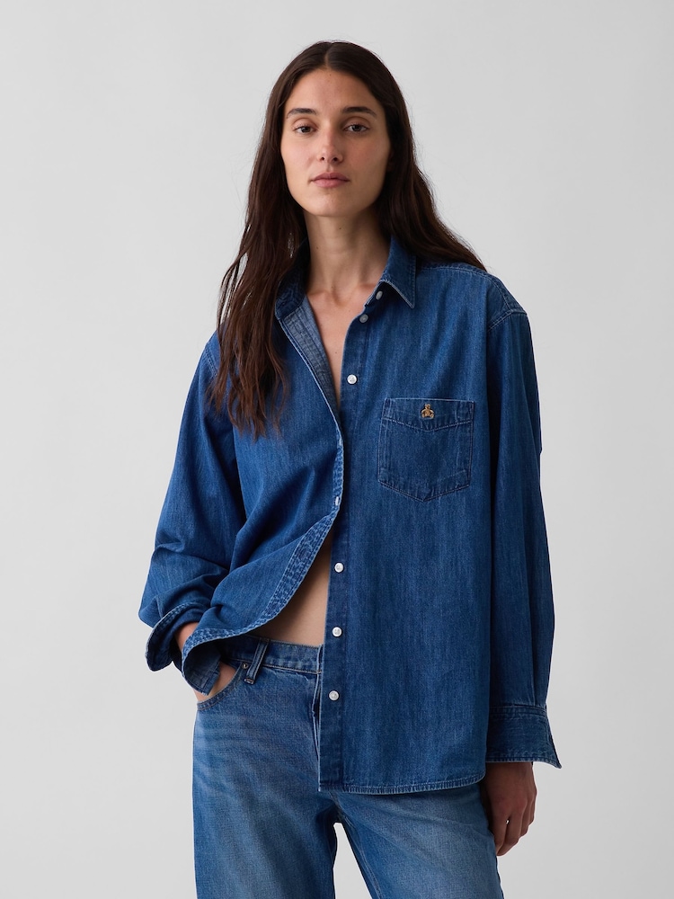 Gap Medium Wash Denim Oversized Shirt - Image 1 of 4 Gap Medium Wash Denim Oversized Shirt - Image 1 of 4