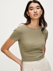 Khaki Green Slim Fit Ribbed Short Sleeve Crew Neck T-Shirt - Image 1 of 7