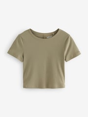 Khaki Green Slim Fit Ribbed Short Sleeve Crew Neck T-Shirt - Image 6 of 7