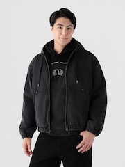 Gap Black Relaxed Sherpa-Lined Denim Zip-Up Hooded Jacket - Image 1 of 4