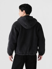 Gap Black Relaxed Sherpa-Lined Denim Zip-Up Hooded Jacket - Image 2 of 4