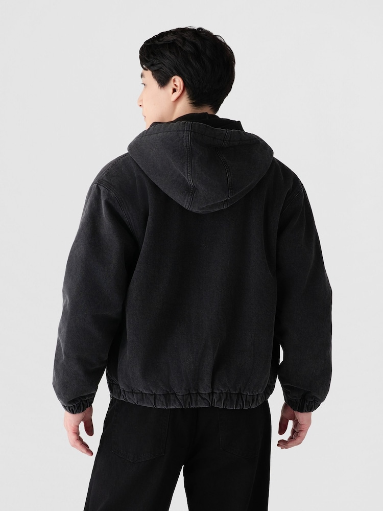 Gap Black Relaxed Sherpa-Lined Denim Zip-Up Hooded Jacket - Image 2 of 4 Gap Black Relaxed Sherpa-Lined Denim Zip-Up Hooded Jacket - Image 2 of 4
