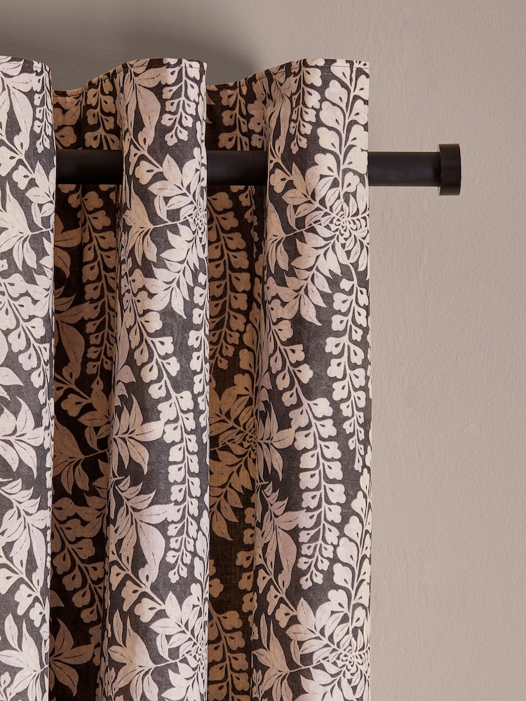 Monochrome Grey Woodblock Floral Eyelet Lined Curtains - Image 1 of 6
