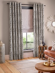 Monochrome Grey Woodblock Floral Eyelet Lined Curtains - Image 2 of 6