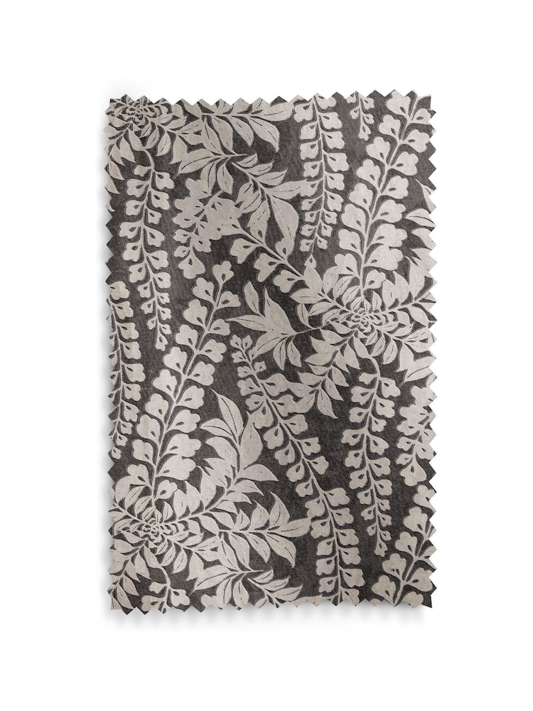 Monochrome Grey Woodblock Floral Eyelet Lined Curtains - Image 6 of 6