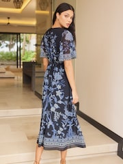 Lipsy Blue Placement Print Short Sleeve Midi Dress - Image 1 of 4