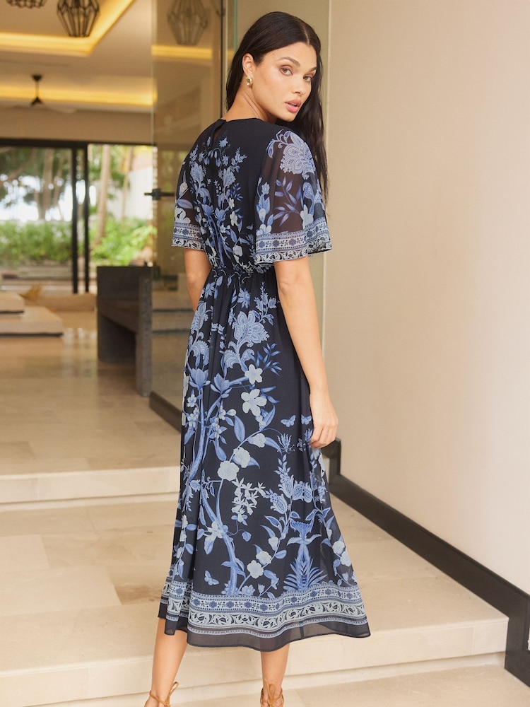 Lipsy Blue Placement Print Short Sleeve Midi Dress - Image 1 of 4 Lipsy Blue Placement Print Short Sleeve Midi Dress - Image 1 of 4
