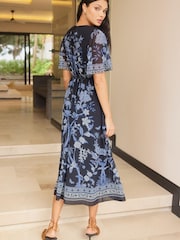 Lipsy Blue Placement Print Short Sleeve Midi Dress - Image 2 of 4