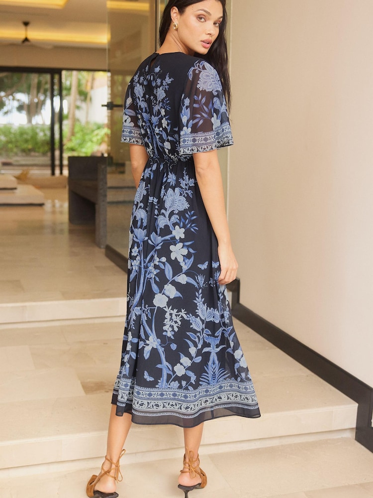 Lipsy Blue Placement Print Short Sleeve Midi Dress - Image 2 of 4