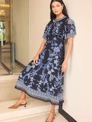 Lipsy Blue Placement Print Short Sleeve Midi Dress - Image 3 of 4