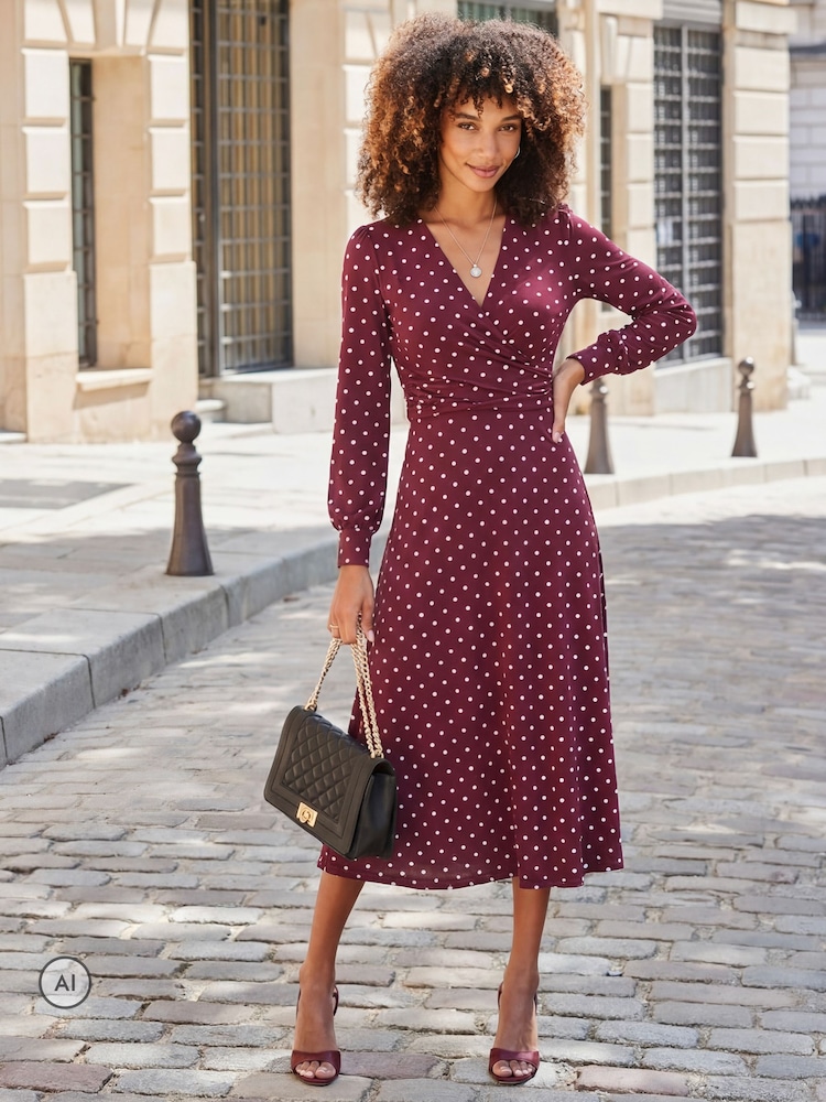 Sosandar Red Polka Dot Print Twist Front Dress - Image 1 of 5