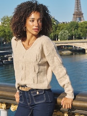 Sosandar Brown Cable Knit V-Neck Jumper - Image 2 of 5