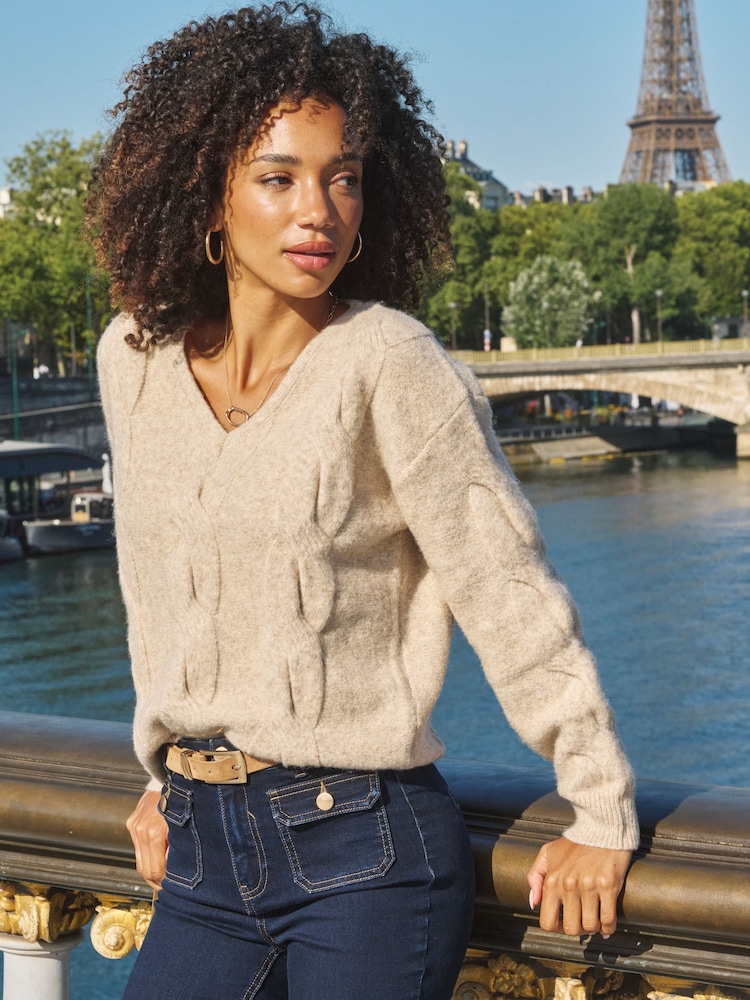 Sosandar Brown Cable Knit V-Neck Jumper - Image 2 of 5 Sosandar Brown Cable Knit V-Neck Jumper - Image 2 of 5