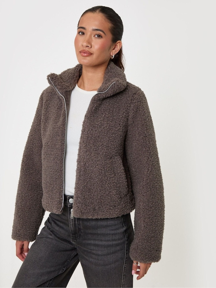 Threadbare Dark Brown Funnel Neck Borg Bomber Jacket - Image 1 of 5