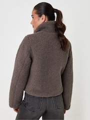 Threadbare Dark Brown Funnel Neck Borg Bomber Jacket - Image 2 of 5
