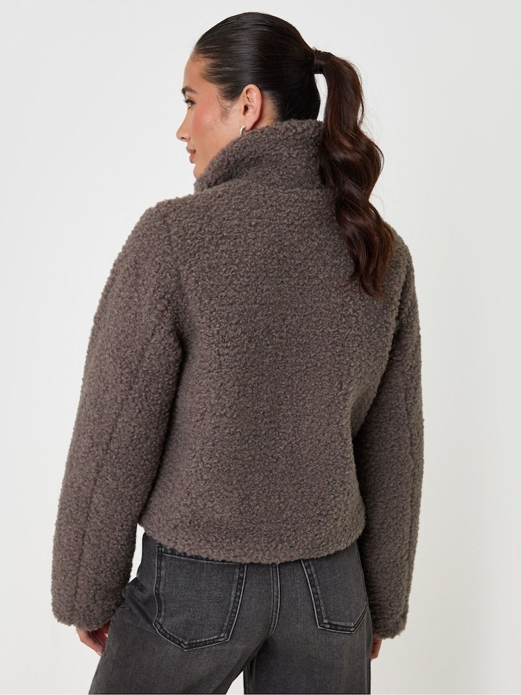 Threadbare Dark Brown Funnel Neck Borg Bomber Jacket - Image 2 of 5