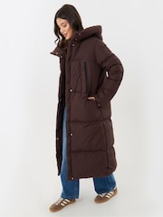 Threadbare Brown Petite Showerproof Maxi Puffer Coat - Image 1 of 5
