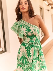 Lipsy Green Printed Ruffle One Shoulder Midi Linen Look Dress - Image 2 of 4