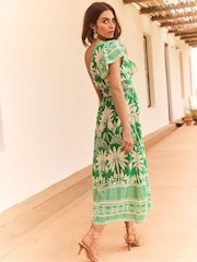 Lipsy Green Printed Ruffle One Shoulder Midi Linen Look Dress - Image 3 of 4