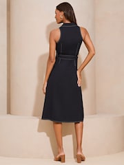 Lipsy Denim Look Belted Sleeveless Summer Button Through Shirt Linen Look Dress - Image 2 of 4