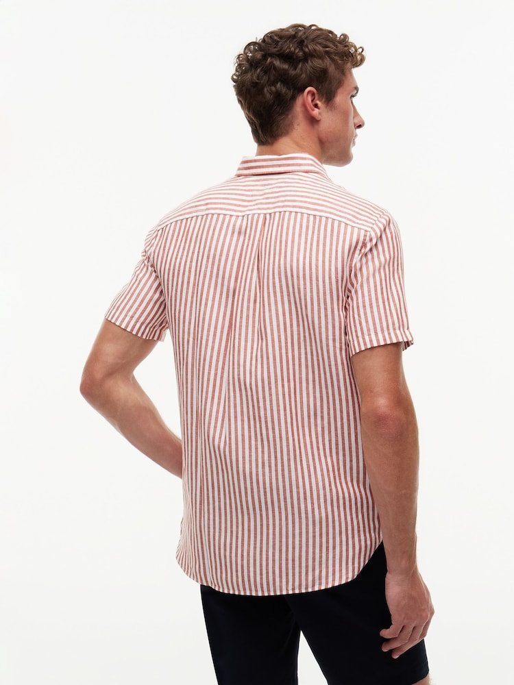 Tommy Hilfiger Orange Regular Linen Blend Bengal Stripe Short Sleeve Shirt - Image 2 of 5 Tommy Hilfiger Orange Regular Linen Blend Bengal Stripe Short Sleeve Shirt - Image 2 of 5