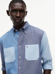 Tommy Hilfiger Blue Relaxed Fit Colour-Blocked Chambray Shirt - Image 4 of 5