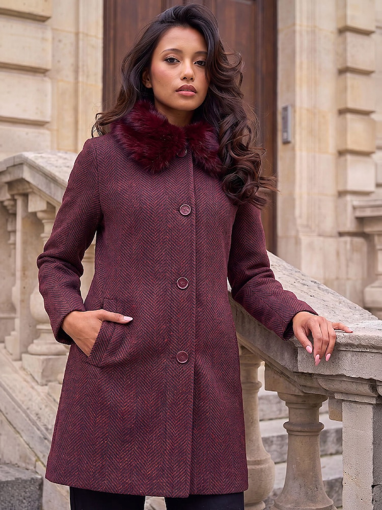 Roman Red Petite Fur Collar Coat - Image 1 of 4 Roman Red Petite Fur Collar Coat - Image 1 of 4