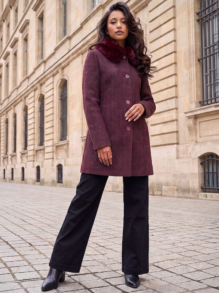 Roman Red Petite Fur Collar Coat - Image 2 of 4 Roman Red Petite Fur Collar Coat - Image 2 of 4