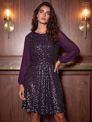 Roman Purple Petite Twist Sequin Dress - Image 1 of 4